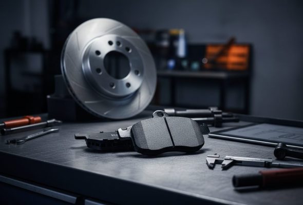 Professional close-up of ceramic brake pads from a leading manufacturer in China, showing the friction material and backing plate.