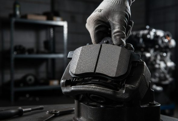 Professional close-up of ceramic brake pad friction material from a leading ceramic brake pads manufacturer China, showing dense, copper-flecked composition.