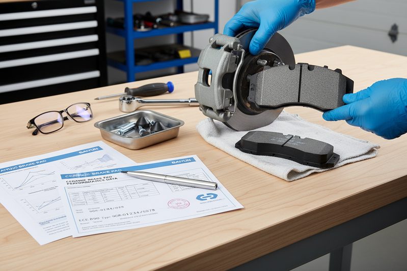 Техническая спецификация и сертификат соответствия ECE R90 для керамических тормозных колодок на столе.