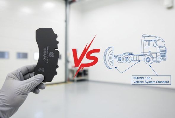 ECE R90 brake pad certification mark shown on a high-quality ceramic brake pad next to an FMVSS 135 vehicle diagram, highlighting the regulatory difference.