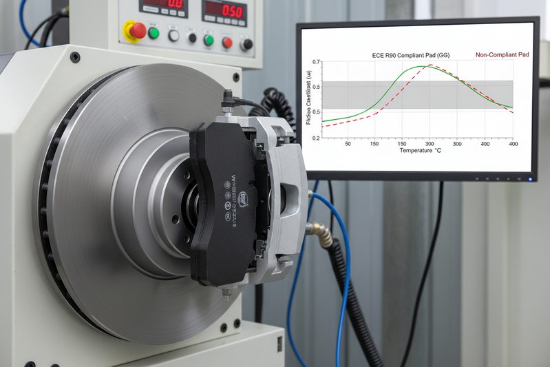 График динамометрических испытаний ECE R90, показывающий стабильный коэффициент трения в диапазоне температур для тормозных колодок коммерческих автомобилей.