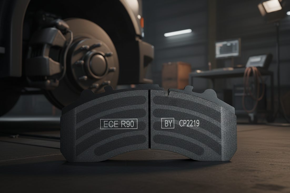 Крупный план сертифицированной по ECE R90 тормозной колодки, показывающий штамп регламента и фрикционный материал, подчёркивающий качество и соответствие.