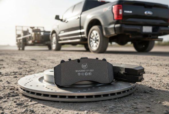 High-performance brake pads for SUV and pickup truck wholesale from China, displayed on a rotor with heavy-duty truck in background.