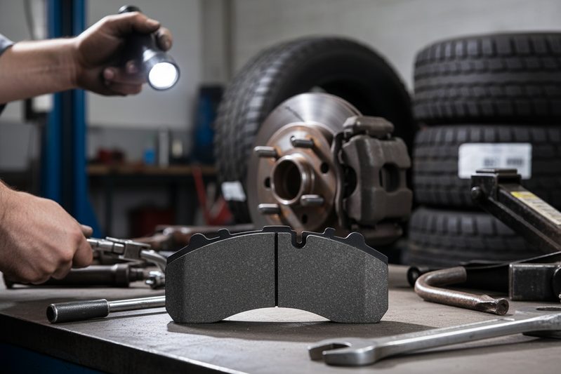 Крупный план гибридной тормозной колодки BAIYUN Brake для внедорожников, демонстрирующий скосы и демпфирующие пластины для снижения шума.