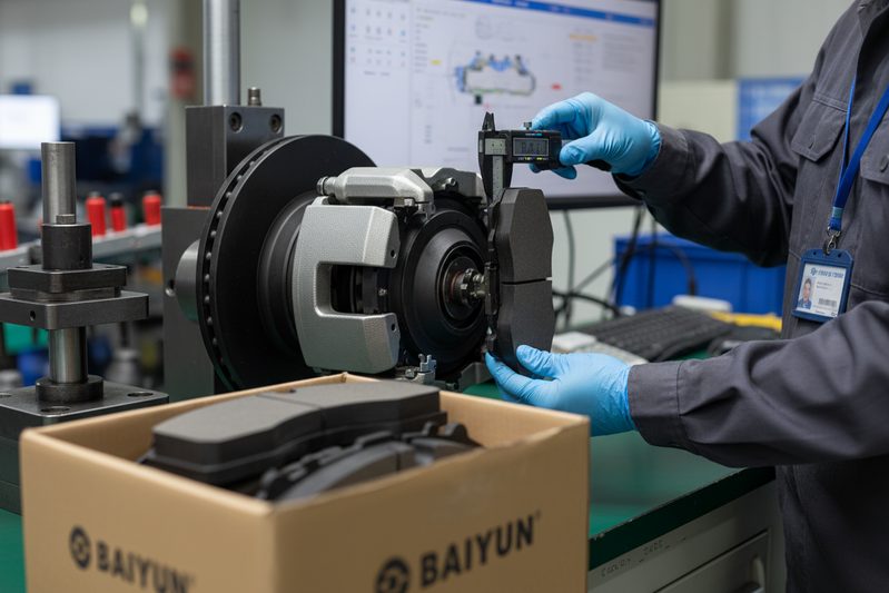 Техник завода BAIYUN Brake проводит проверку качества индикаторов износа тормозных колодок в оптовой производственной партии.