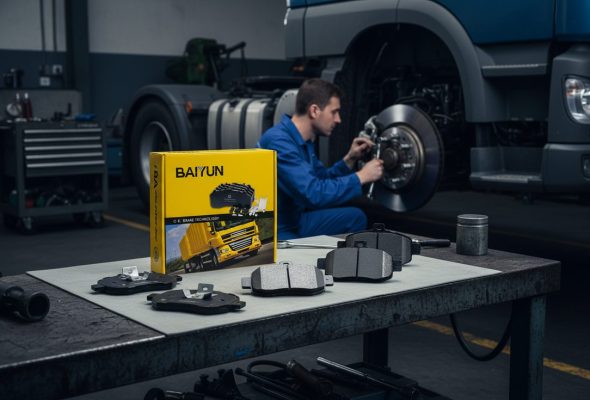 Professional image of noise-free brake pads from a low NVH manufacturer, showing precision chamfers and anti-noise shims.