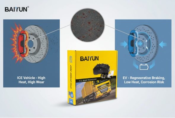 Technical comparison of EV brake pads versus traditional pads, highlighting regenerative braking impact for distributors sourcing from China.