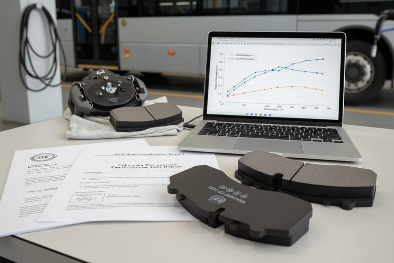 Документ сертификации ECE R90 и график динамометрических испытаний тормозных колодок для электромобилей от сертифицированного поставщика.