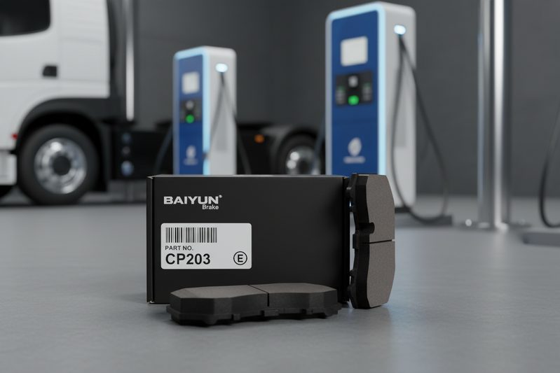 Комплект керамических тормозных колодок BAIYUN Brake, совместимых с электромобилями, с составом с низким пылеобразованием, упакованный для оптового распределения.