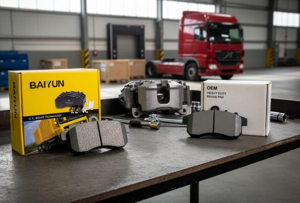 Comparison of OEM and aftermarket heavy duty truck brake pads wholesale from China on a workbench