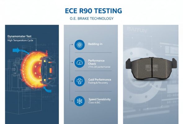 ECE R90 brake pad certification testing process diagram showing dynamometer and vehicle tests