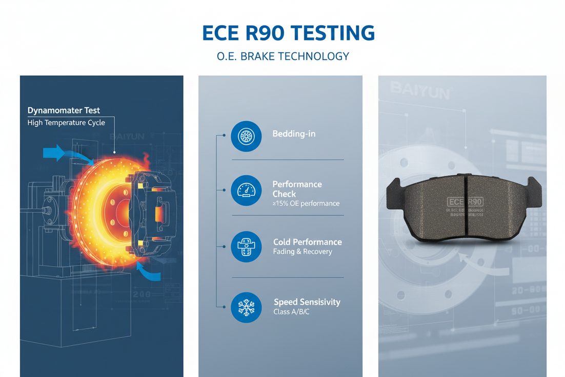 Диаграмма процесса тестирования сертификации тормозных колодок ECE R90, показывающая динамометрические и автомобильные испытания