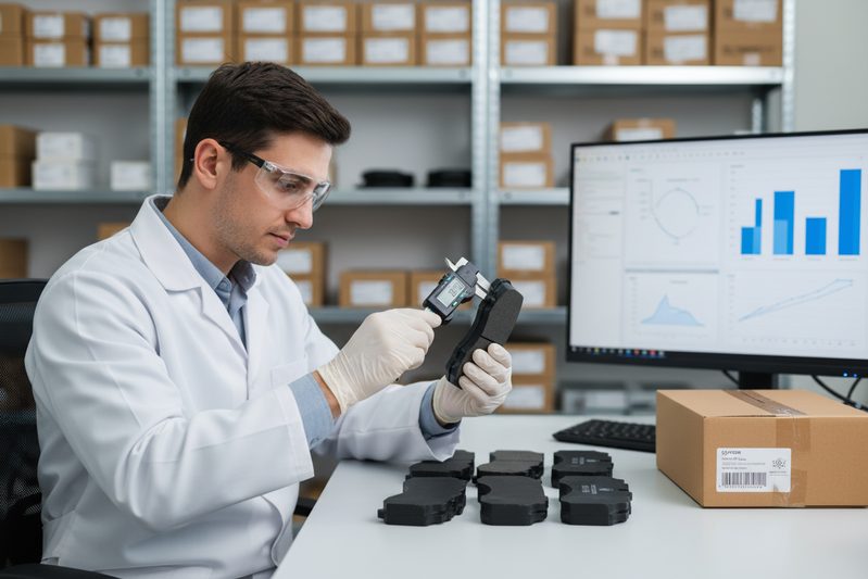 Инженер BAIYUN Brake проверяет партию специфичных для электромобилей тормозных колодок в лаборатории контроля качества.