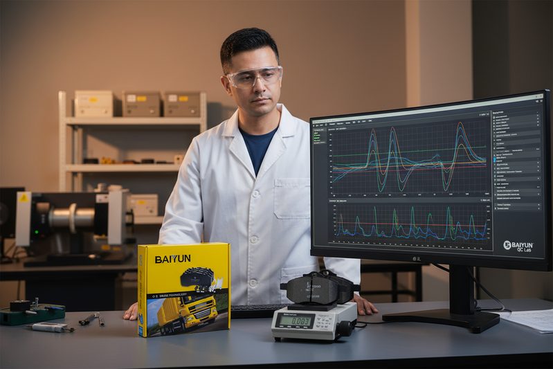 Профессиональное изображение инженера BAIYUN Brake, изучающего данные NVH-тестов на динамометрическом стенде на экране компьютера в лаборатории контроля качества.