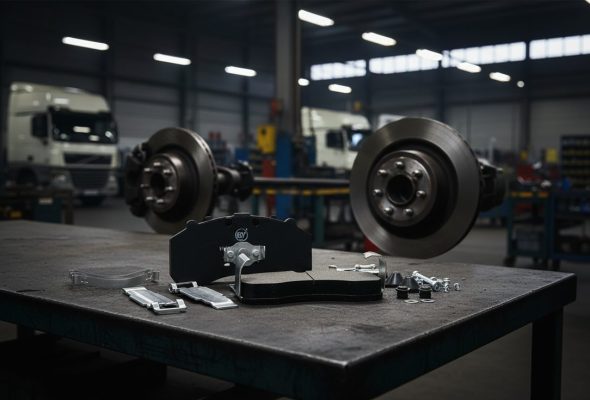 Brake pad wear indicator supplier wholesale - BAIYUN brake pad CP2203 with visible metal wear indicator tab on workbench