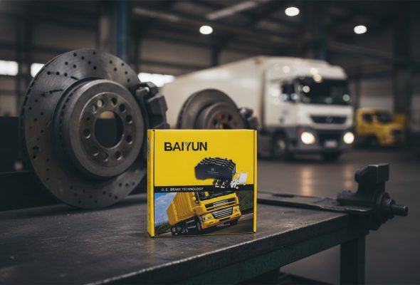 Brake pad break-in bedding procedure guide - repair kit box on workbench with brake components