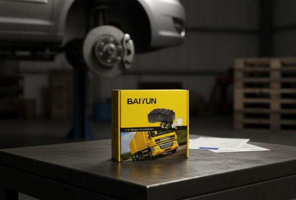 BAIYUN brake repair kit box with ECE R90 certified brake pads China supplier packaging on a workshop bench