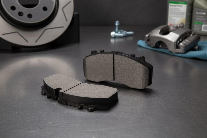 Две сертифицированные тормозные колодки ECE R90 CP2203 рядом с тормозным суппортом и диском на чистом фоне мастерской