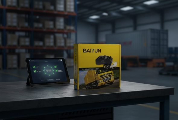 Brake pad certification export costs and timelines planning scene with a BAIYUN brake pad repair kit box in an export warehouse