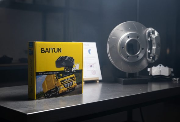 ECE R90 certified brake pads China supplier repair kit box on workbench with commercial vehicle brake disc and caliper