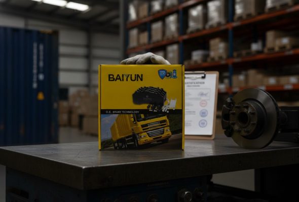 BAIYUN Brake pad certification export markets DOT ECE R90: distributor holding a certified brake pad box in a warehouse