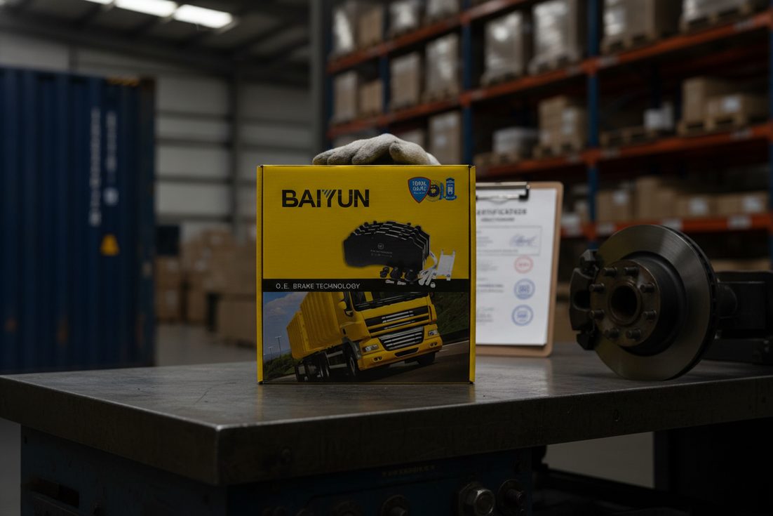 BAIYUN Brake сертификация тормозных колодок экспорт DOT ECE R90: дистрибьютор держит коробку сертифицированных колодок на складе