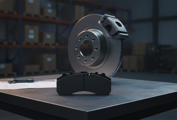 Meritor brake pad replacement checklist on a workbench with truck caliper and heavy-duty disc