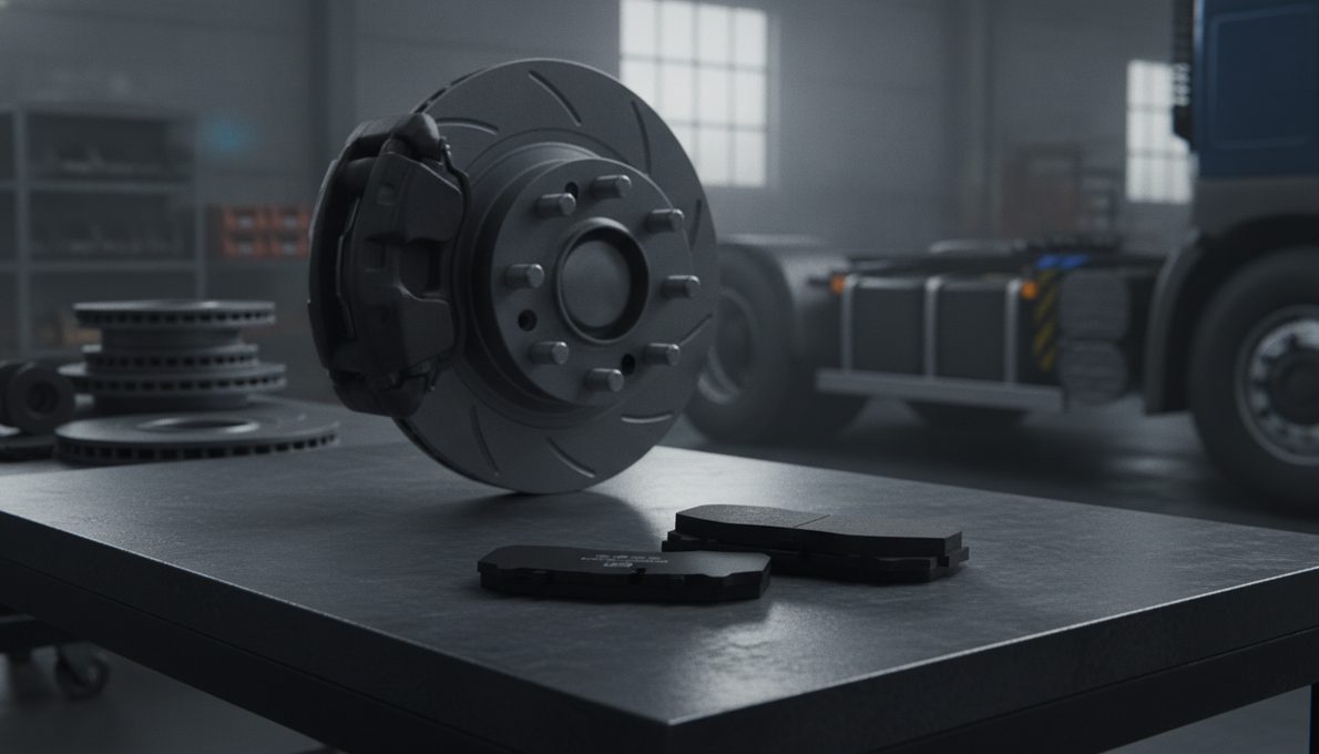 Какую роль играют поставщики в разработке электрических грузовиков? Meritor отвечает на этот и другие вопросы - Тормозная колодка BAIYUN Brake для коммерческих автомобилей на столе в мастерской на фоне тормозной системы тяжелого грузовика