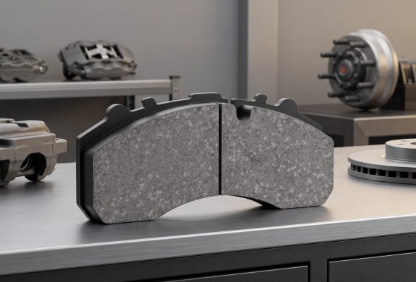 Disc brake pad fitment verification for commercial vehicle brake pad set on white background
