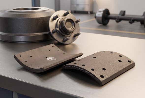 Truck brake lining wear causes illustrated with BAIYUN commercial vehicle brake lining product on industrial workbench