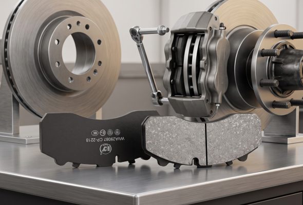 Brake fade heavy trucks causes - heavy-duty commercial vehicle brake pads on workshop inspection bench