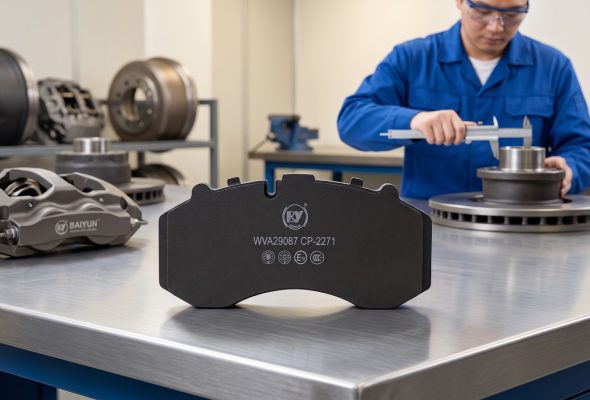 IATF 16949 brake pad factory quality control technician inspecting commercial vehicle brake pads